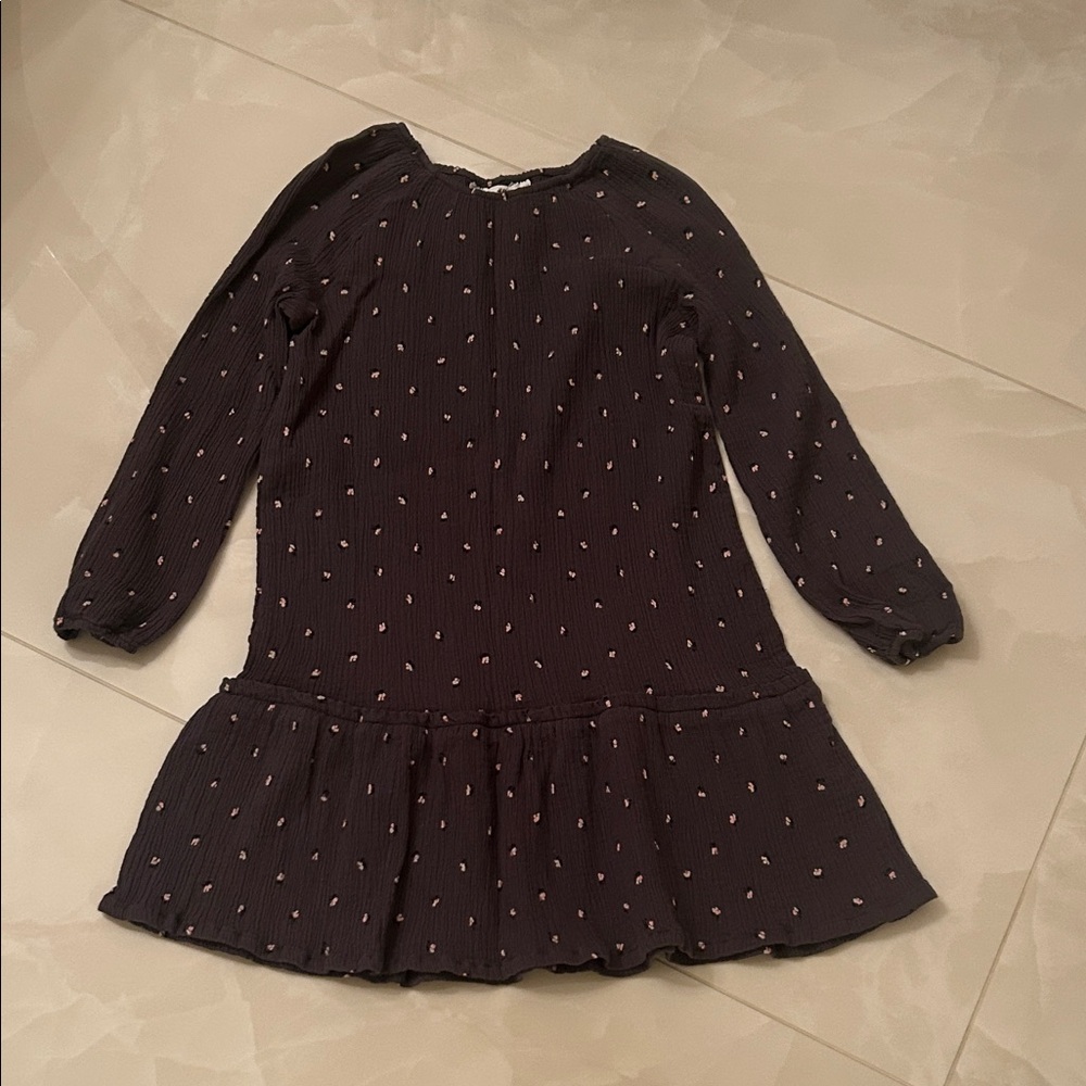 H&M Gray Long-Sleeve Ruffle Hem Dress with Tiny Pink Dot Print